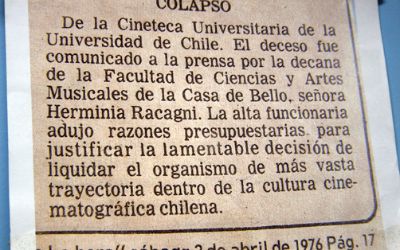 Recorte del diario La hora en el que las autoridades de la época anuncian el cierre de la Cineteca de la Universidad de Chile. Recorte del diario La hora en el que las autoridades de la época anuncian el cierre de la Cineteca de la Universidad de Chile.