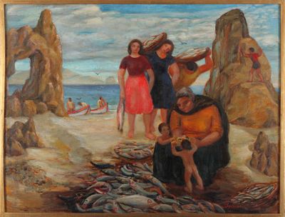En la exhibición se puso énfasis en el aporte de las mujeres al arte, rescatando trabajos de diversas exponentes. (Obra "Mujeres de pescadores" de Isaías Cabezón)