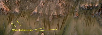 Fondos más anchos son una indicación de que la gravedad podría ser el principal factor para el transporte de RSL pendiente abajo. Imagen tomada por el Orbitador de Reconocimiento de Marte. 