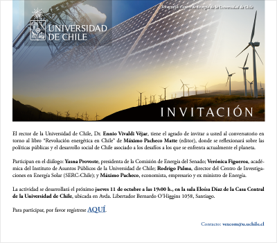 Invitación conversatorio en torno al libro "Revolución energética en Chile", de Máximo Pacheco.