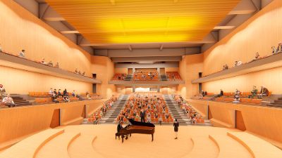 El edificio contará con una sala de concierto con capacidad para mil personas, donde trabajan ingenieros acústicos responsables de los diseños acústicos del CKK y el Teatro Colón en Argentina.