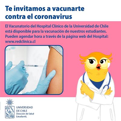 Informativo de convocatoria a toma de horas para vacunación en el Hospital Clínico de la U. de Chile.
