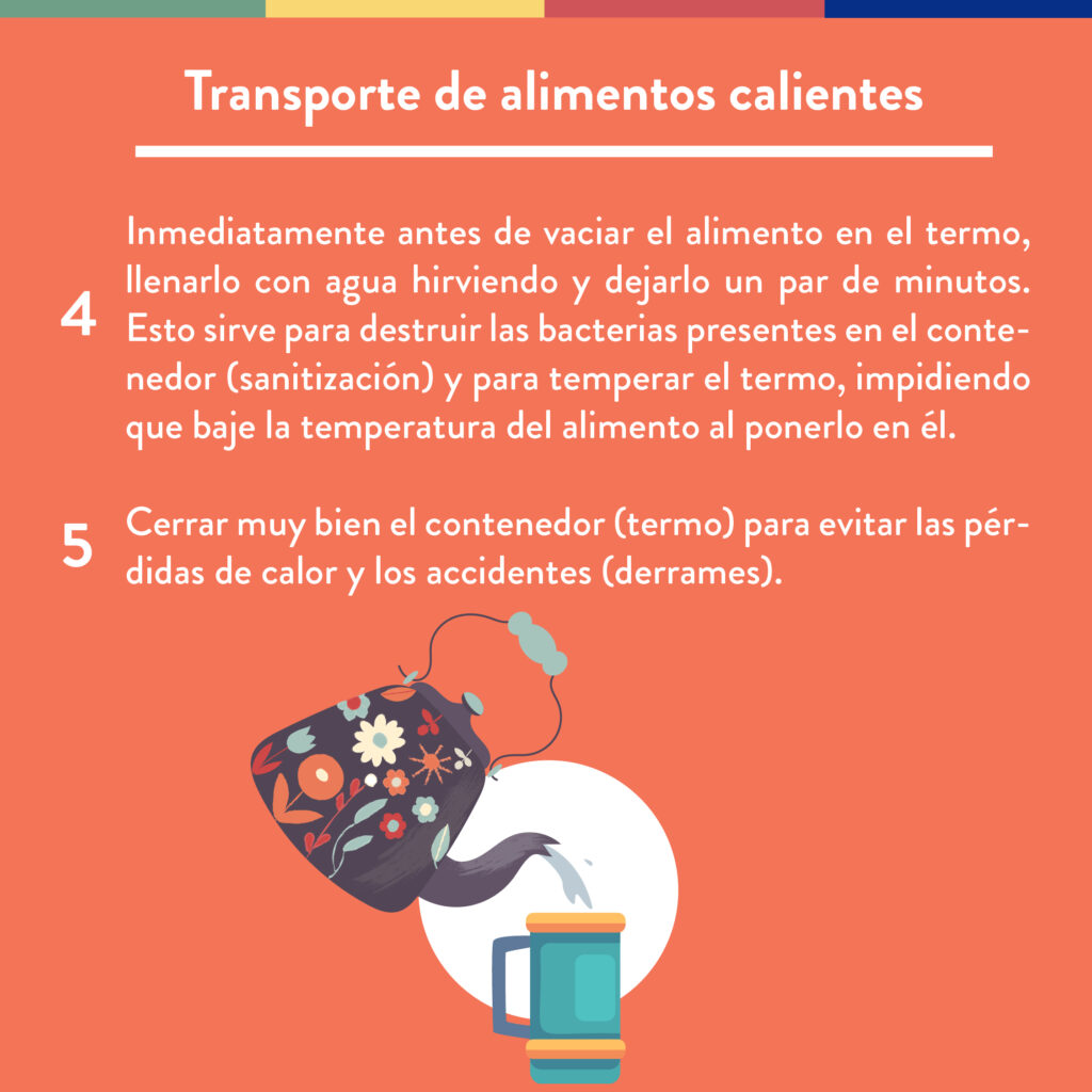 Transporte de alimentos calientes: 4. Inmediatamente antes de vaciar el alimento en el termo, llenarlo con agua hirviendo y dejarlo un par de minutos. Esto sirve para destruir las bacterias presentes en el contenedor (sanitización) y para temperar el termo, impidiendo que baje la temperatura del alimento al ponerlo en él; 5. Cerrar muy bien el contenedor para evitar las pérdidas de calor y los accidentes (derrames).