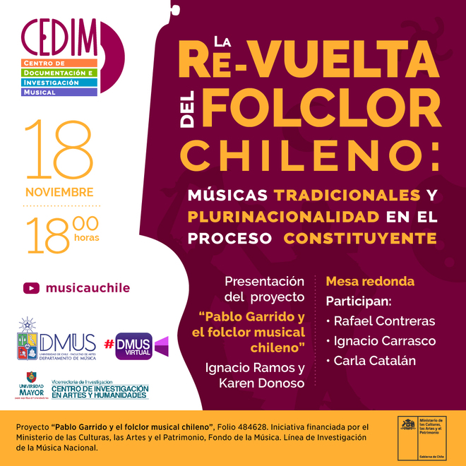 El Centro de Documentación e Investigación Musical (CEDIM) del Departamento de Música de la Facultad de Artes de la Universidad de Chile inaugura sus actividades con la presentación del proyecto de investigación Pablo Garrido y el folclor musical chileno, de los investigadores Karen Donoso e Ignacio Ramos.