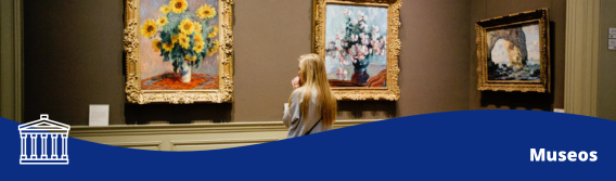Foto del interior de un museo con una persona observando dos cuadros con flores pintadas. El título es "Museos". 