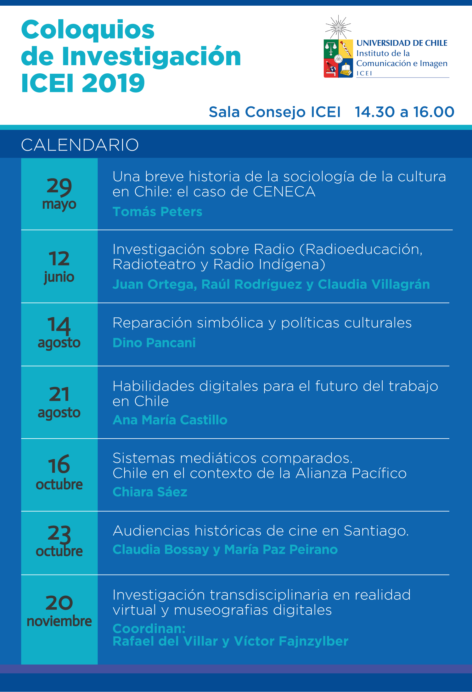 Calendarios Coloquios de Investigación ICEI 2019.