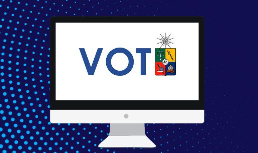 Logo del voto electrónico, en el centro se ve un monitor de computador con la palabra VOTO y el logo Uchile