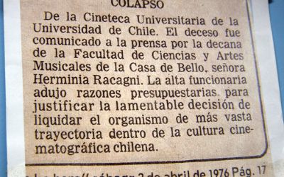 Recorte del diario La hora en el que las autoridades de la época anuncian el cierre de la Cineteca de la Universidad de Chile.