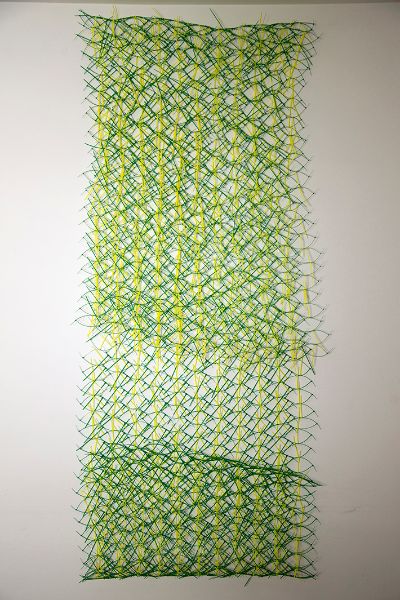 Su obra de carácter textil se compone de objetos semejante a una tupida red de dimensiones rectangulares, semi-desplegada, y construida (tejida) utilizando como modulo miles de amarras plásticas.
