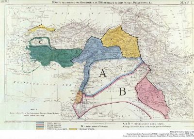 Mapa que ilustra el acuerdo  Sykes-Picot de 1916