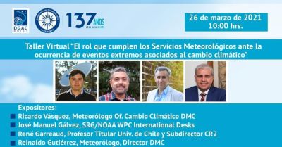 En el taller virtual de la Dirección Meteorológica de Chile participaron como expositores Ricardo Vásquez, José Manuel Gálvez. René Garreaud y Reinaldo Gutiérrez.