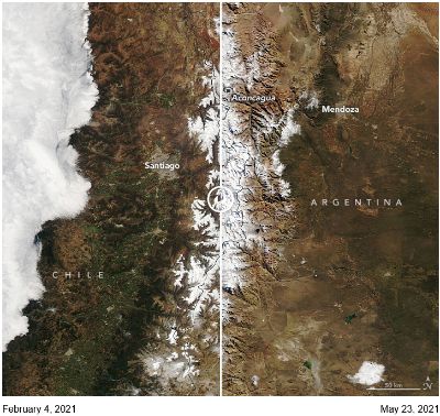 Efectos del río atmosférico del verano de 2021 (izquierda) y de la primera tormenta de otoño de 2021 (derecha) en la cordillera de Los Andes. (Imagen: NASA Earth Observatory y Lauren Dauphin)