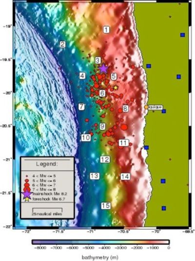 Ubicación aproximada de la instalación de los sismómetros de fondo de mar frente a las costas del norte de Chile