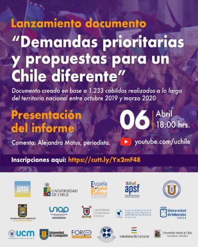 Presentación martes 06 de marzo a partir de las 18:00hr en el canal de Youtube de la Universidad de Chile y será comentado por la destacada periodista Alejandra Matus.