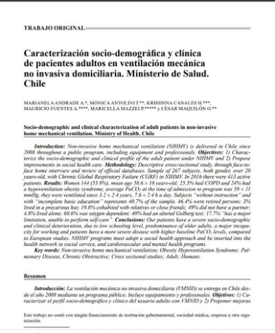¿Caracterización socio-demográfica y clínica de pacientes adultos en ventilación mecánica no invasiva domiciliaria. Ministerio de Salud. Chile¿ es el nombre del artículo ganador.