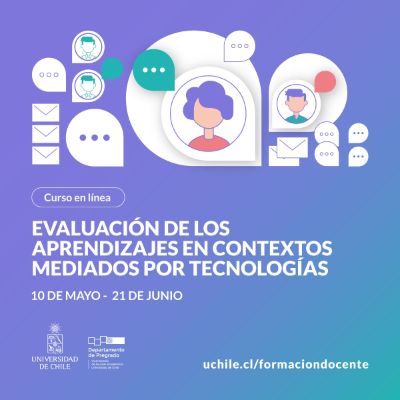  Banner con el título del Curso: Evaluación de los aprendizajes en contextos mediados por tecnologías y con los logotipos de Pregrado y de la Universidad de Chile