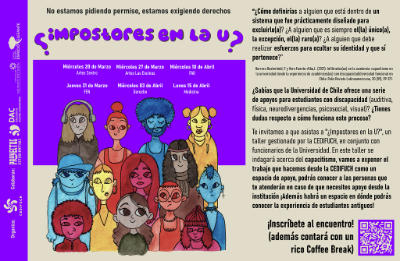 Afiche charla Impostores en la U, organizada por la Coordinadora de Estudiantes con Diversidad Funcional