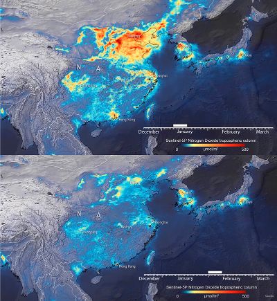 Imágenes satelitales de China y Europa han mostrado una baja en las emisiones de NO2 debido a las medidas restrictivas aplicadas ante el avance del COVID-19.