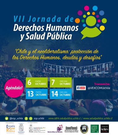 Afiche general de la VII Jornada de Derechos Humanos y Salud Pública convocada por la Escuela de Salud Pública de la U. de Chile.